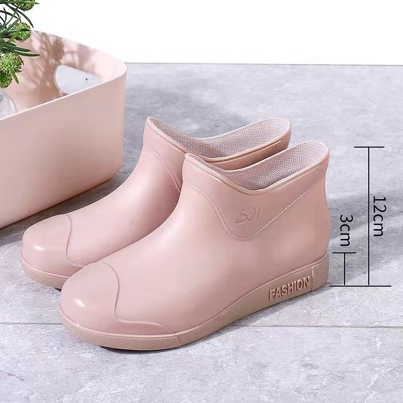 Cizme de ploaie pentru femei, gambă joasă, exterior PVC, căptușeală din bumbac detașabilă, toc mic 1–3 cm, stil coreean