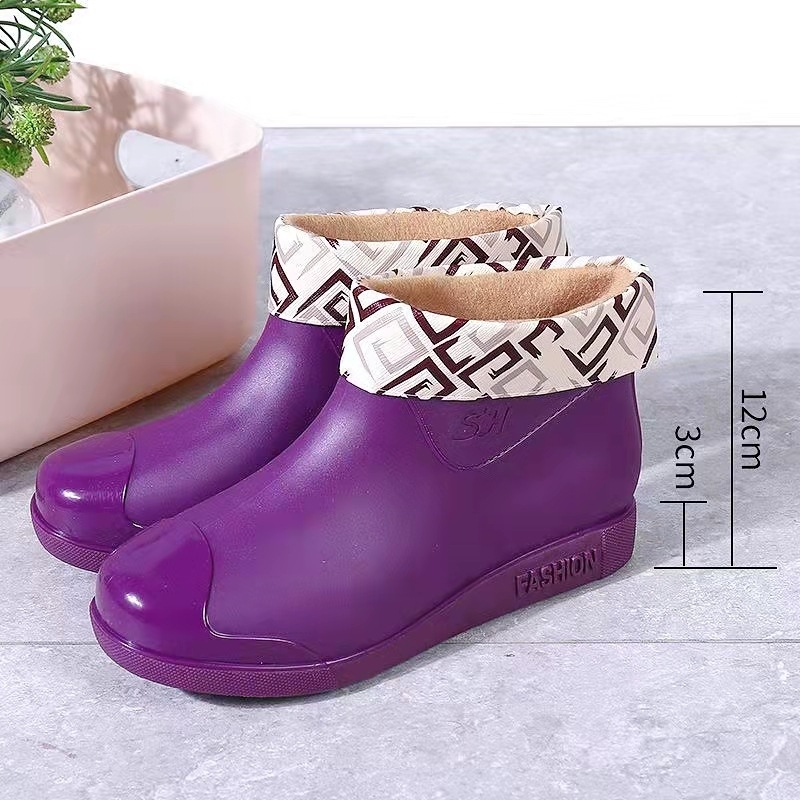 Cizme de ploaie pentru femei, gambă joasă, exterior PVC, căptușeală din bumbac detașabilă, toc mic 1–3 cm, stil coreean
