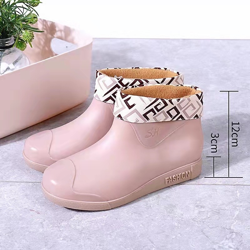 Cizme de ploaie pentru femei, gambă joasă, exterior PVC, căptușeală din bumbac detașabilă, toc mic 1–3 cm, stil coreean