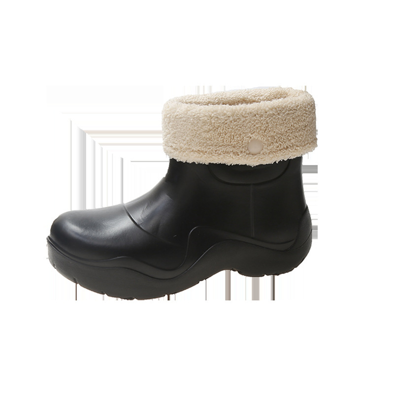 Női esőcsizma, vízálló, könnyű, PVC felsőrész, középtalpú sarok 3–5 cm, egyszínű, rövid cső dizájn