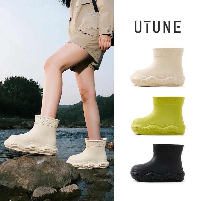 Cizme de ploaie pentru femei, impermeabile pentru toate anotimpurile, partea superioară EVA, gambă medie, talpă moale antiderapantă EVA, toc 3–5 cm
