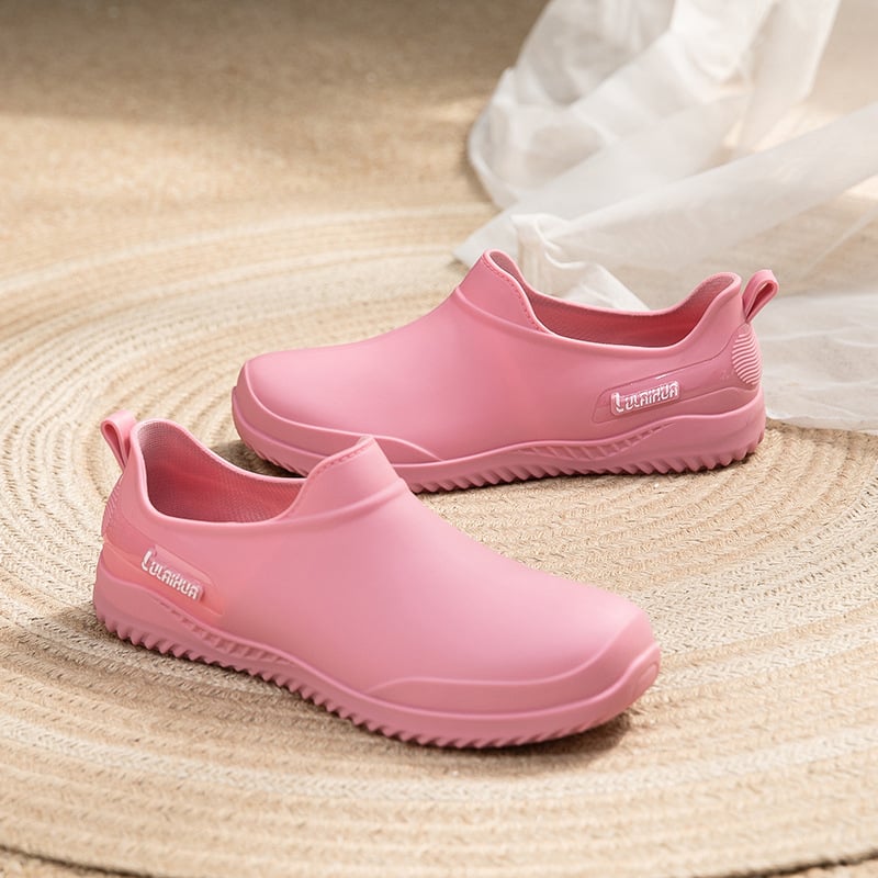 Cizme de ploaie pentru femei, PVC exterior, gambă joasă, închidere slip-on, talpă plată, potrivite pentru toate sezoanele