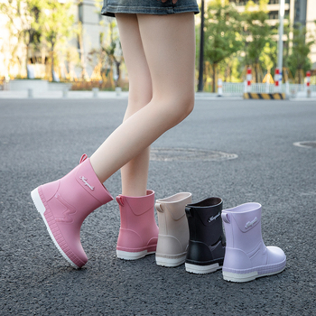Дамски гумени ботуши за дъжд, подплатени флийсом, водоустойчиви, нисък маншет, антисклизяща подметка, горна част от пластмаса