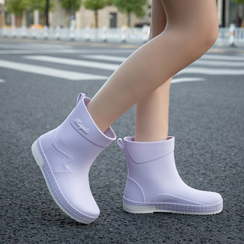 Дамски гумени ботуши за дъжд, подплатени флийсом, водоустойчиви, нисък маншет, антисклизяща подметка, горна част от пластмаса