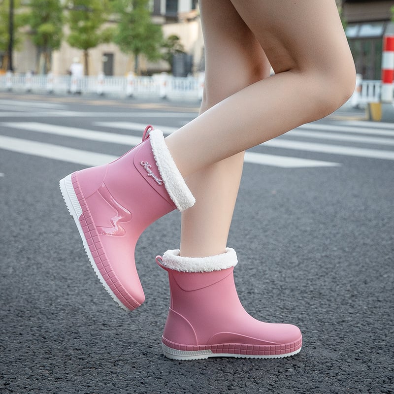 Дамски гумени ботуши за дъжд, подплатени флийсом, водоустойчиви, нисък маншет, антисклизяща подметка, горна част от пластмаса
