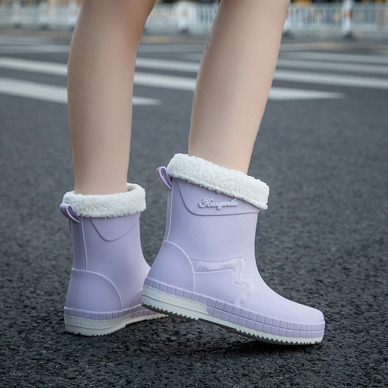 Дамски гумени ботуши за дъжд, подплатени флийсом, водоустойчиви, нисък маншет, антисклизяща подметка, горна част от пластмаса
