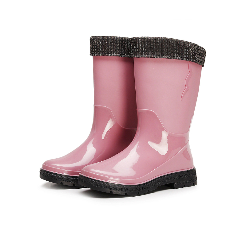 Дамски PVC водоустойчиви ботуши за дъжд, средно високи, плосък ток