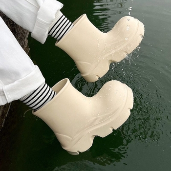 Cizme de ploaie pentru femei - partea superioară din EVA, gambă înaltă, talpă îngroșată, toc de 3–5 cm, impermeabile