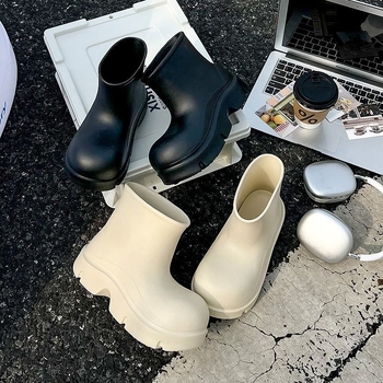Cizme de ploaie pentru femei - partea superioară din EVA, gambă înaltă, talpă îngroșată, toc de 3–5 cm, impermeabile