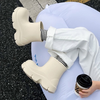 Cizme de ploaie pentru femei - partea superioară din EVA, gambă înaltă, talpă îngroșată, toc de 3–5 cm, impermeabile