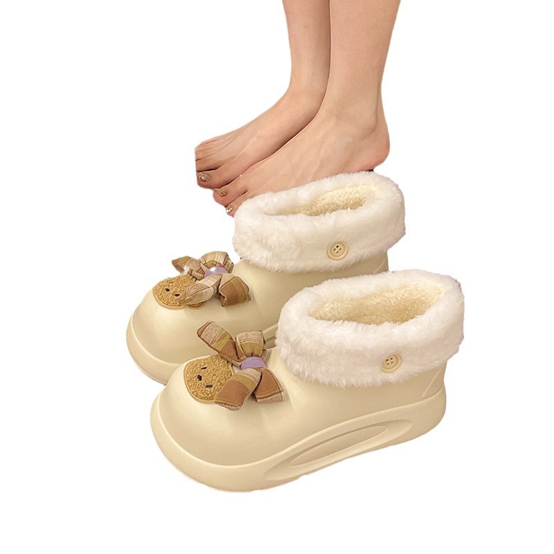 Cizme scurte pentru femei cu blană în model ursuleț, partea superioară EVA, toc 3-5 cm, înălțime medie a șosetei, toamnă-iarnă