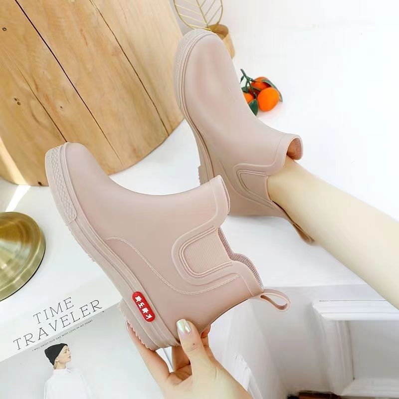 Cizme de ploaie pentru femei, partea superioară din PVC, talie joasă, căptușeală de catifea, impermeabile pentru toate anotimpurile, talpă groasă antiderapantă.