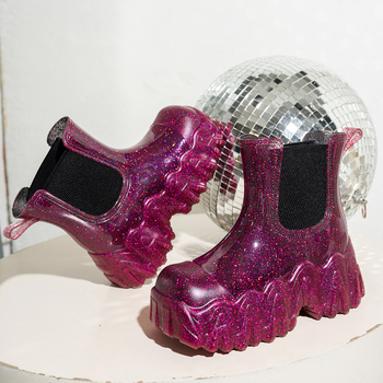 Ghete de ploaie din cauciuc pentru femei, gambă joasă, talpă groasă, toc mediu 3-5 cm