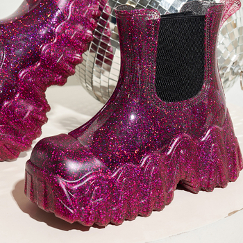 Ghete de ploaie din cauciuc pentru femei, gambă joasă, talpă groasă, toc mediu 3-5 cm