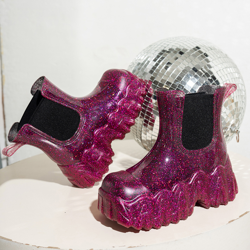 Ghete de ploaie din cauciuc pentru femei, gambă joasă, talpă groasă, toc mediu 3-5 cm