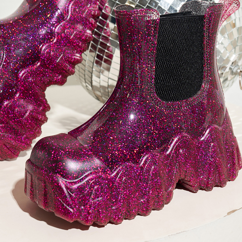 Ghete de ploaie din cauciuc pentru femei, gambă joasă, talpă groasă, toc mediu 3-5 cm