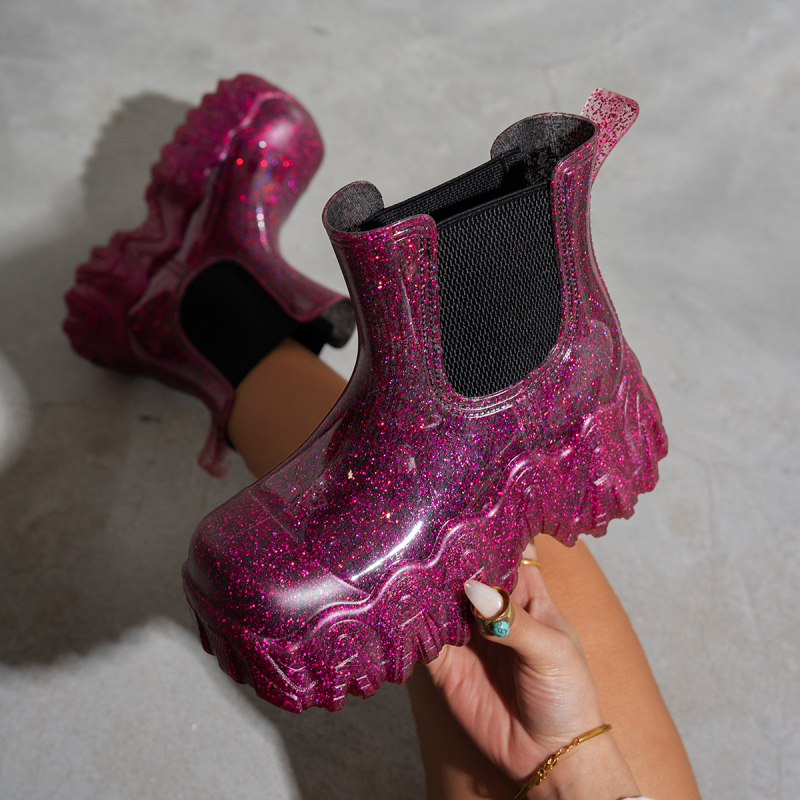 Ghete de ploaie din cauciuc pentru femei, gambă joasă, talpă groasă, toc mediu 3-5 cm