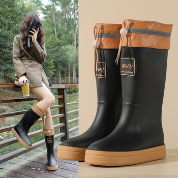 Cizme de ploaie pentru femei, până la mijlocul gambei, impermeabile, căptușite cu fleece, talpă antiderapantă, toc mediu 3-5 cm