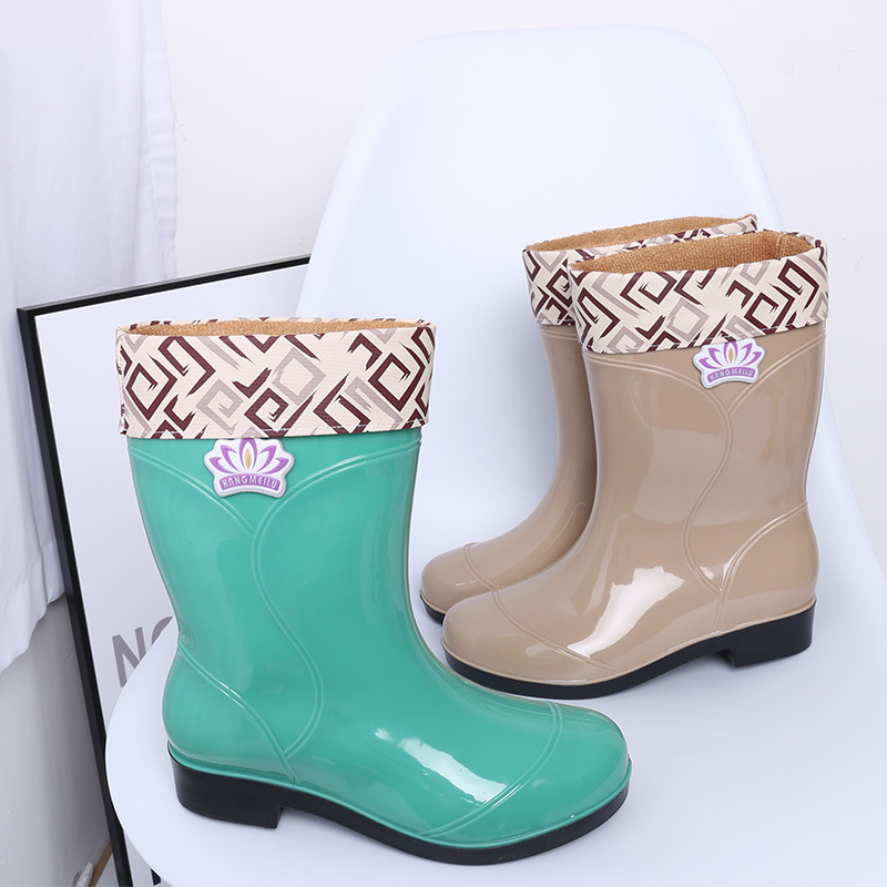 Zhe Star cizme de ploaie pentru femei cu imprimeu floral, PVC partea superioară, până la mijlocul gambei, toc mic 1–3 cm, impermeabile, pentru patru sezoane