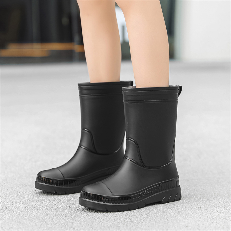 Cizme de ploaie pentru femei, partea superioară din PVC, înălțime medie până la gambe, toc plat, pentru toate sezoanele