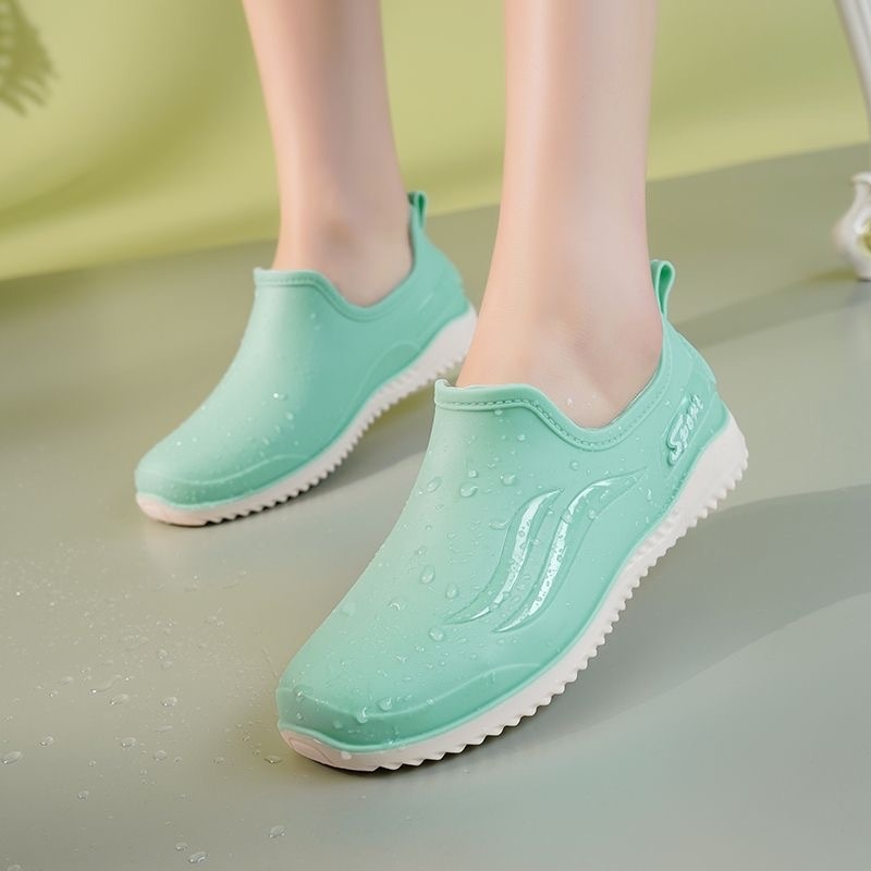 Γυναικείες γαλότσες βροχής PVC, μεσαίο ύψος σωλήνα, επίπεδη φτέρνα, τυπικό πάχος, κατάλληλες για όλες τις εποχές, καθημερινό στυλ