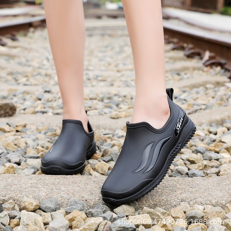 Γυναικείες γαλότσες βροχής PVC, μεσαίο ύψος σωλήνα, επίπεδη φτέρνα, τυπικό πάχος, κατάλληλες για όλες τις εποχές, καθημερινό στυλ