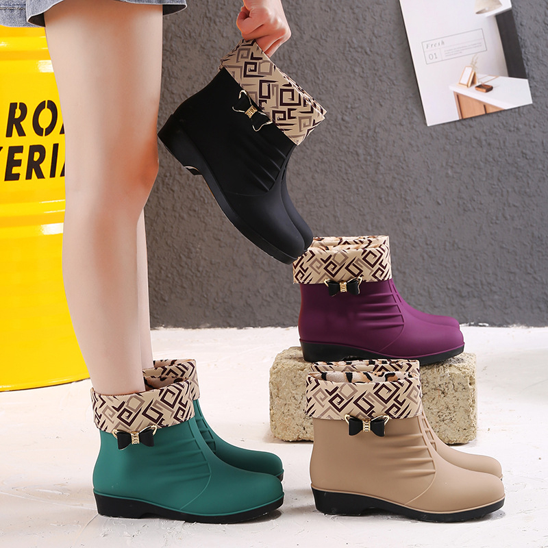 Cizme de ploaie pentru femei, căptușite cu fleece, stil coreean, impermeabile, talpă antiderapantă, gambă joasă