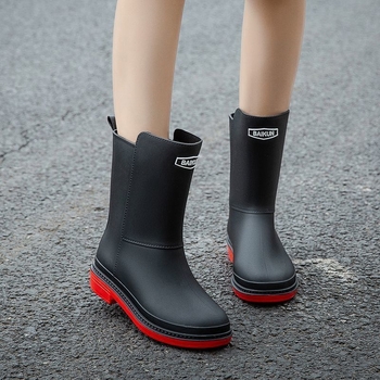 Cizme de ploaie pentru femei, căptușite cu fleece, înălțime medie, partea superioară din plastic, talpă antiderapantă, toc mic 1–3 cm