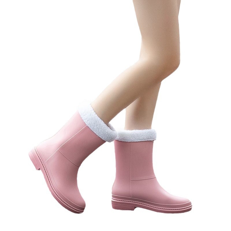 Cizme de ploaie pentru femei, căptușite cu fleece, înălțime medie, partea superioară din plastic, talpă antiderapantă, toc mic 1–3 cm