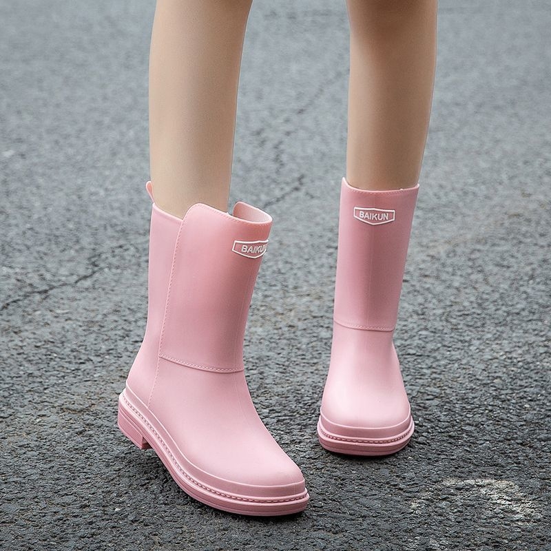 Cizme de ploaie pentru femei, căptușite cu fleece, înălțime medie, partea superioară din plastic, talpă antiderapantă, toc mic 1–3 cm