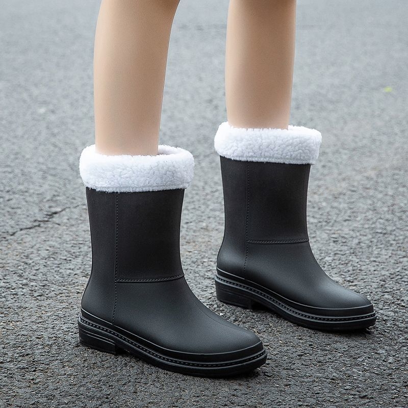 Cizme de ploaie pentru femei, căptușite cu fleece, înălțime medie, partea superioară din plastic, talpă antiderapantă, toc mic 1–3 cm
