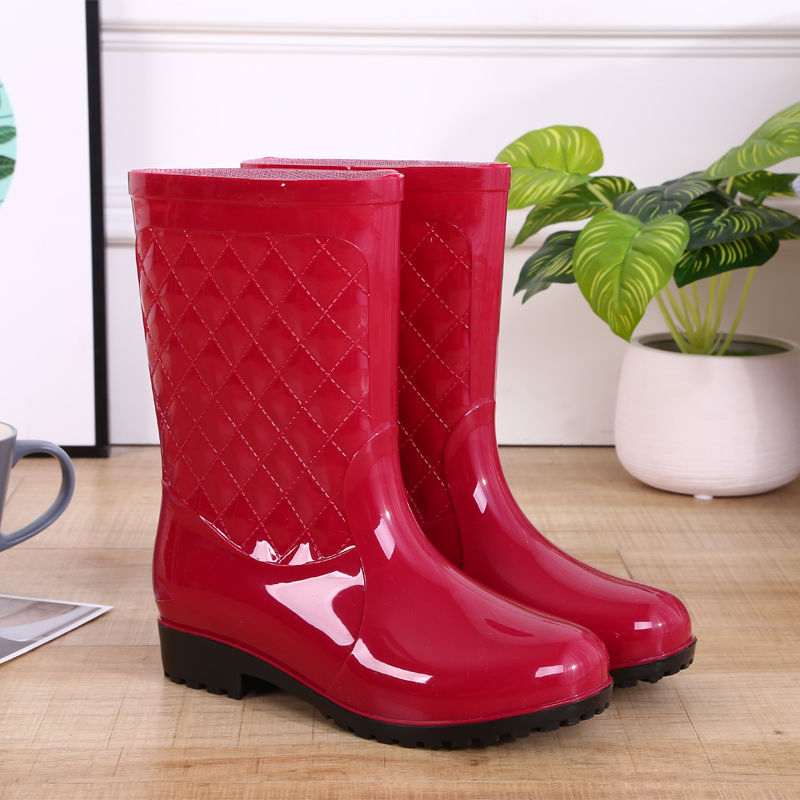Ženske crvene PVC čizme za kišu do polovice potkoljenice, niski pet, korejski stil, jednobojne