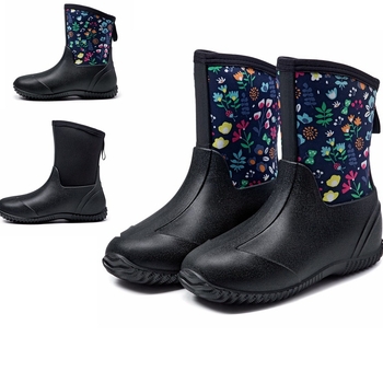 Cizme de ploaie pentru femei, până la jumătatea gambei, model floral, din cauciuc natural, toc mic 1–3 cm, talpă antiaderentă și durabilă