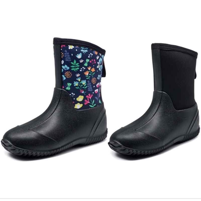 Cizme de ploaie pentru femei, până la jumătatea gambei, model floral, din cauciuc natural, toc mic 1–3 cm, talpă antiaderentă și durabilă