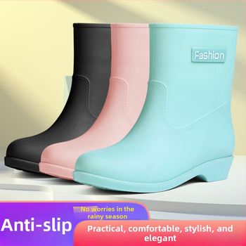 Cizme de ploaie pentru femei, până la jumătatea gambei, patru sezoane, impermeabile, căptușite cald cu catifea, exterior PVC, toc redus 1–3 cm