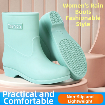 Cizme de ploaie pentru femei, până la jumătatea gambei, patru sezoane, impermeabile, căptușite cald cu catifea, exterior PVC, toc redus 1–3 cm