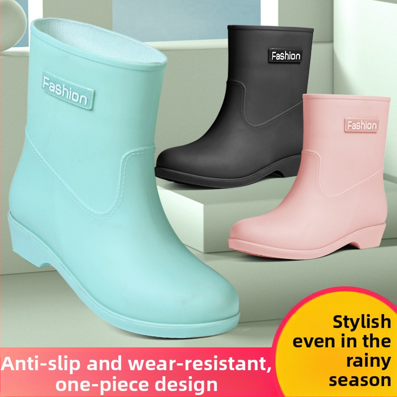 Cizme de ploaie pentru femei, până la jumătatea gambei, patru sezoane, impermeabile, căptușite cald cu catifea, exterior PVC, toc redus 1–3 cm