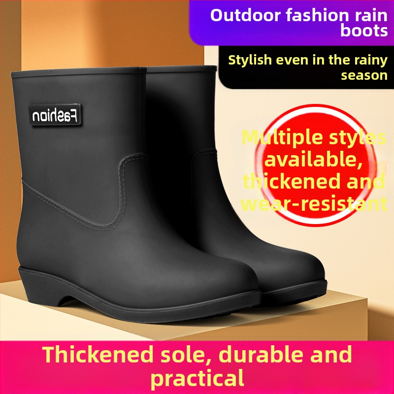 Cizme de ploaie pentru femei, până la jumătatea gambei, patru sezoane, impermeabile, căptușite cald cu catifea, exterior PVC, toc redus 1–3 cm