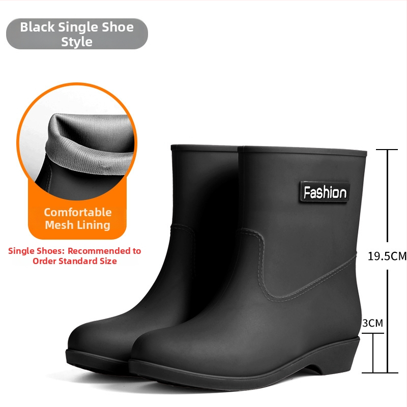 Cizme de ploaie pentru femei, până la jumătatea gambei, patru sezoane, impermeabile, căptușite cald cu catifea, exterior PVC, toc redus 1–3 cm