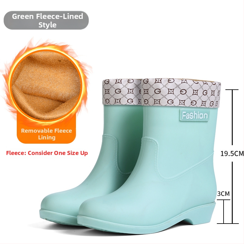 Cizme de ploaie pentru femei, până la jumătatea gambei, patru sezoane, impermeabile, căptușite cald cu catifea, exterior PVC, toc redus 1–3 cm