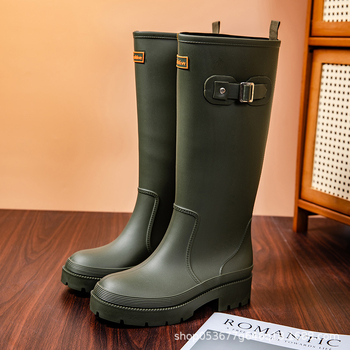Cizme de ploaie pentru femei, înalte, impermeabile, partea superioară din PVC, talpă groasă, toc mic 1–3 cm, pentru drumeții în aer liber