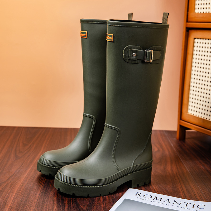 Cizme de ploaie pentru femei, înalte, impermeabile, partea superioară din PVC, talpă groasă, toc mic 1–3 cm, pentru drumeții în aer liber
