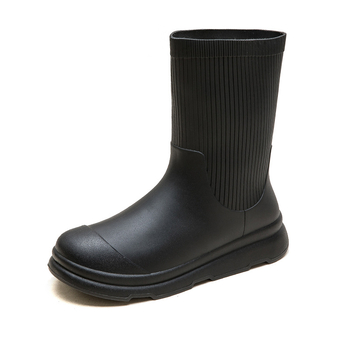 Γυναικείες αδιάβροχες μπότες βροχής με μεσαίο ύψος σωλήνα, με κορεατικό στυλ, ριγέ σχέδιο, PVC επάνω μέρος, χαμηλό τακούνι 1-3 εκ, τεσσάρων εποχών, αντιολισθητική σόλα