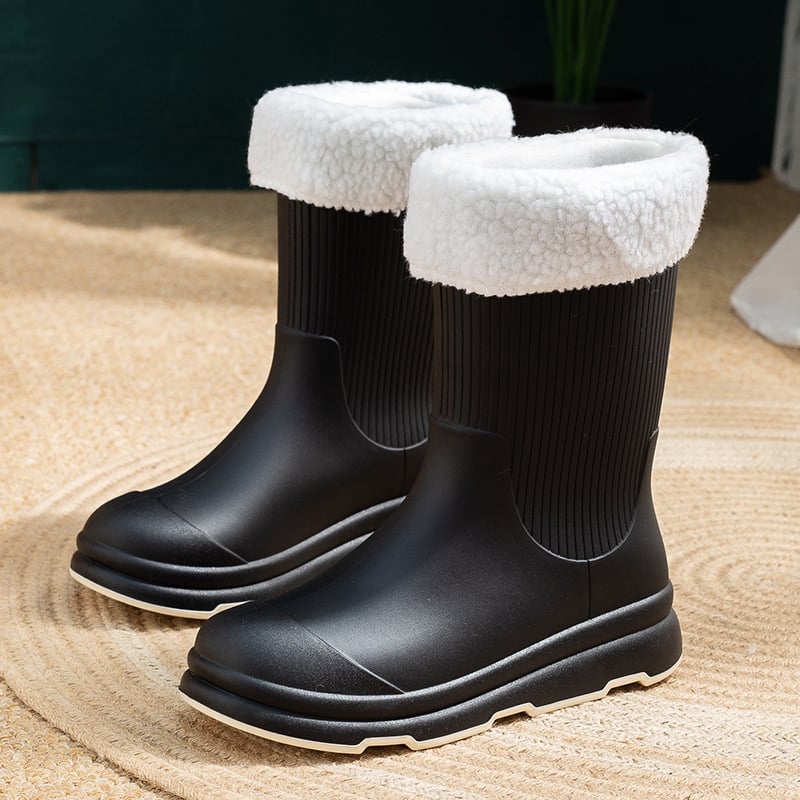 Γυναικείες αδιάβροχες μπότες βροχής με μεσαίο ύψος σωλήνα, με κορεατικό στυλ, ριγέ σχέδιο, PVC επάνω μέρος, χαμηλό τακούνι 1-3 εκ, τεσσάρων εποχών, αντιολισθητική σόλα