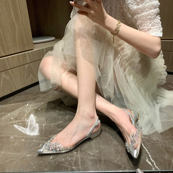 Ženske sandale s prozirnim rhinestones, oštar nos, mikrovlakneni gornji dio, gumena podloga, niski debeli petu