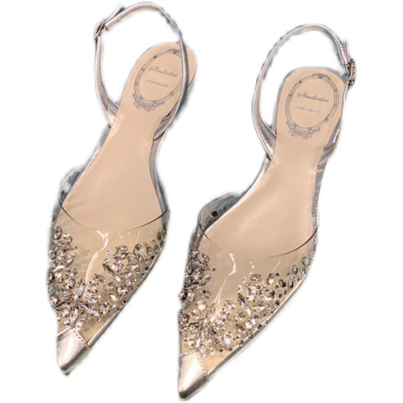Ženske sandale s prozirnim rhinestones, oštar nos, mikrovlakneni gornji dio, gumena podloga, niski debeli petu