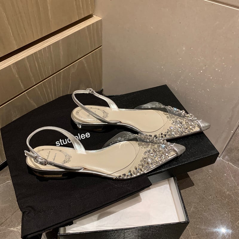 Ženske sandale s prozirnim rhinestones, oštar nos, mikrovlakneni gornji dio, gumena podloga, niski debeli petu