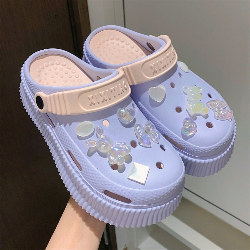 Γυναικεία PVC διατρήτα σανδάλια με κρύσταλλα σε σχέδιο αρκούδας, καρτούν μοτίβο, αντιολισθητική σόλα