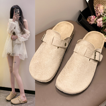 Ženske retro slip-on sandale s umjetnim krznom na gornjem dijelu i debelom PVC-om, okrugla vrh, niski profil