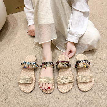 Γυναικείες σάνδαλες με πλεκτό από άχυρο, ταϊλανδικού εθνοτικού στυλ, EVA σόλα, πάχος σόλας 0–3 cm, επίπεδο πέλμα